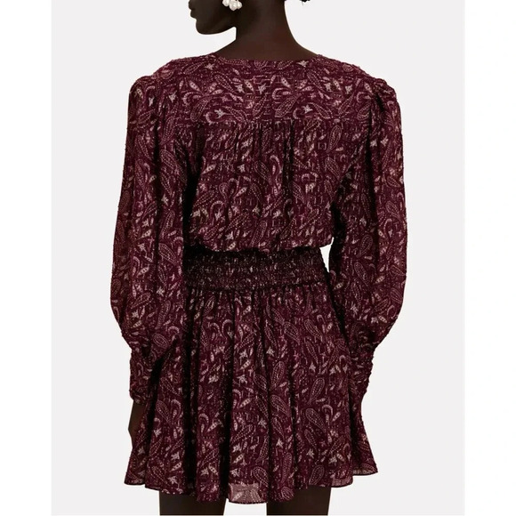 652 Intermix Lana Printed Smocked Mini Dress Size 0 Color maroon - Picture 2 of 7